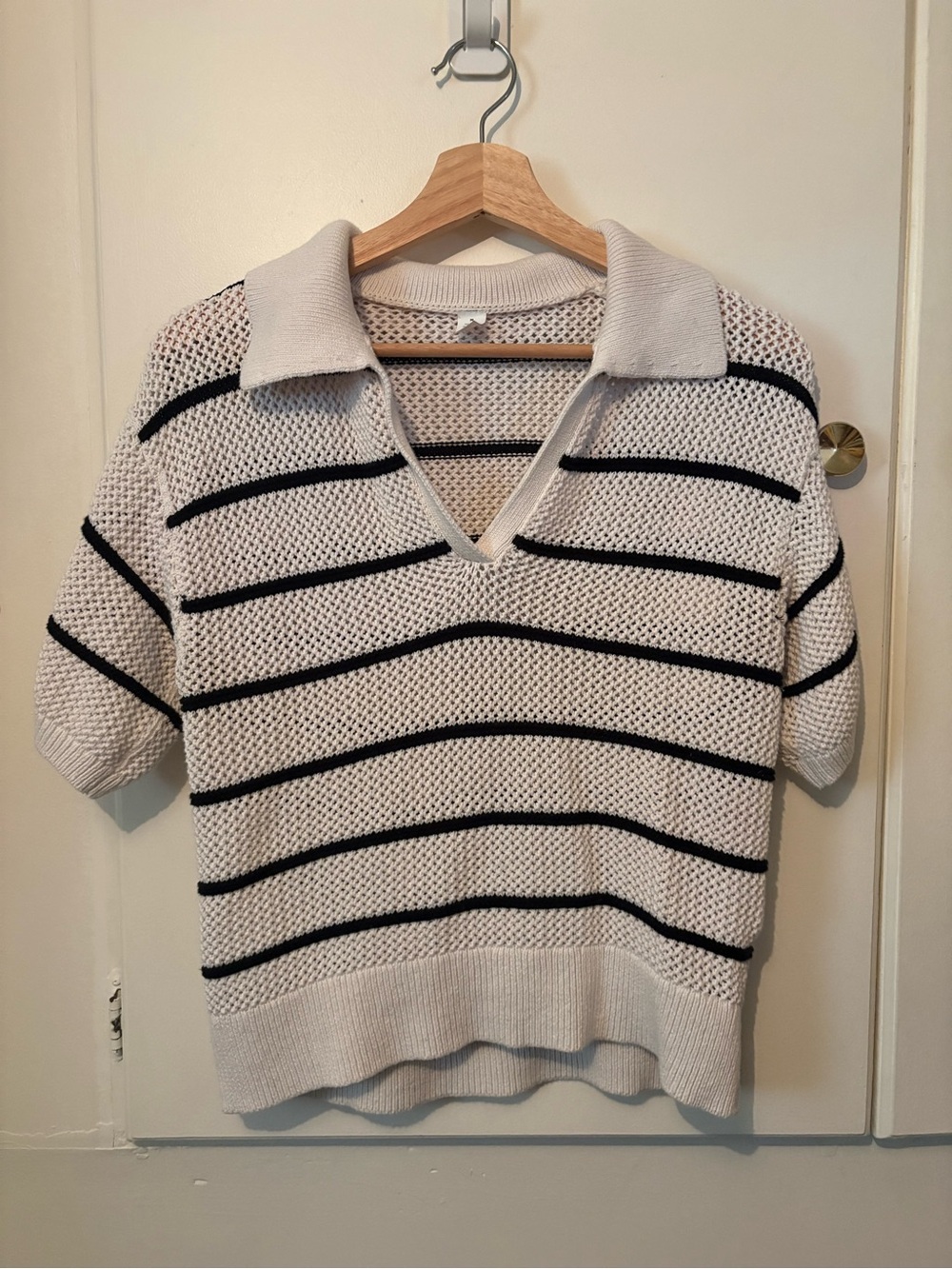 Old Navy Cream V-Neck Polo Sweater with Black Stripes